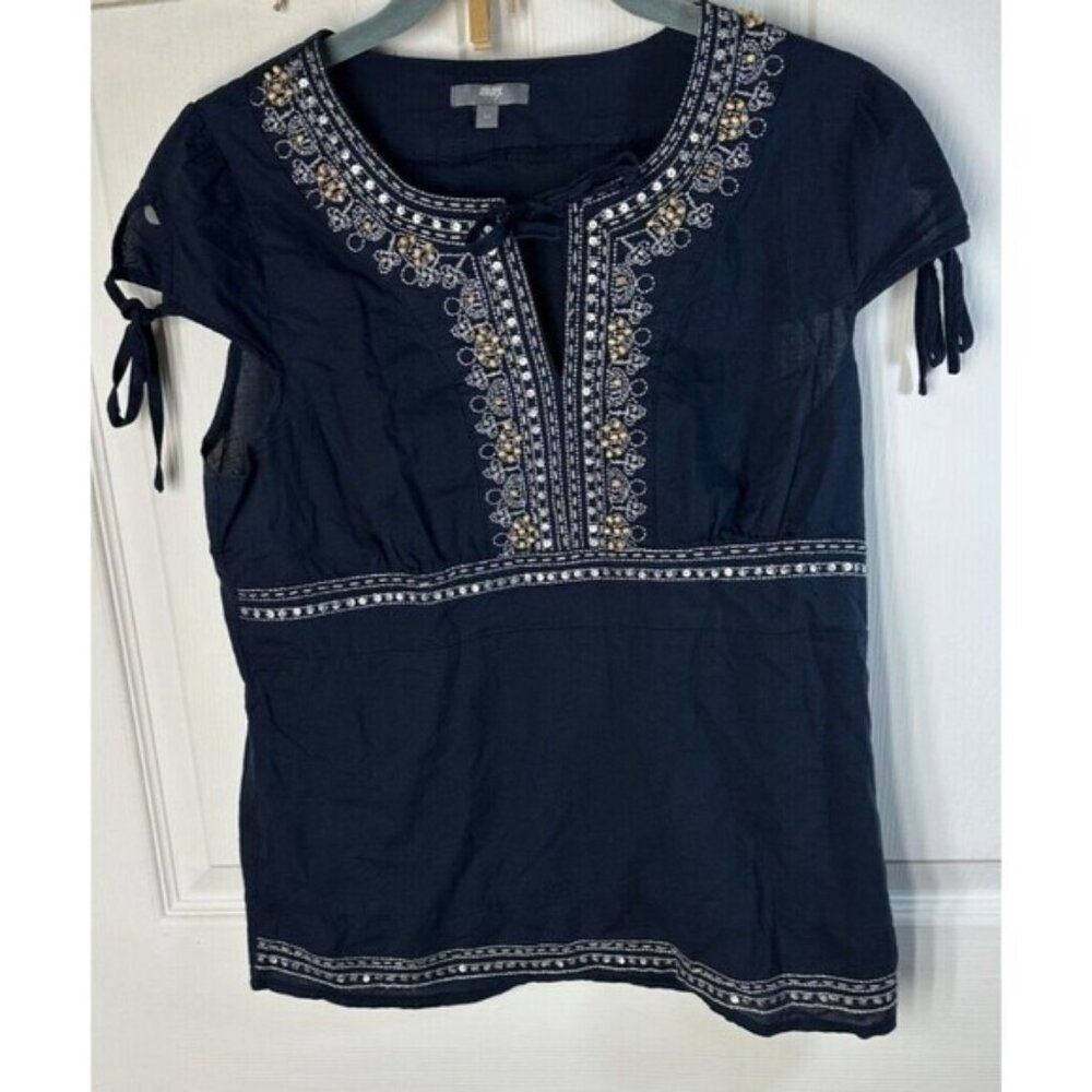 Max 14 Boho Style Blouse Wm Sm Navy Blue With Beaded Keyhole Neck Hippie Peasant